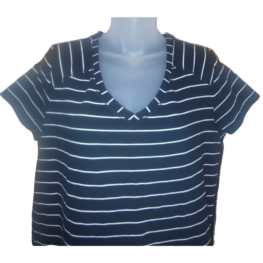 Merona Women’s Black White Stripes V Neck Short Sleeve Tunic Top Size XL BG28 - Picture 3 of 4